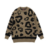 Men Fall Outfits Hip Hop Retro Leopard Print Round Neck Sweater Loose Sweater