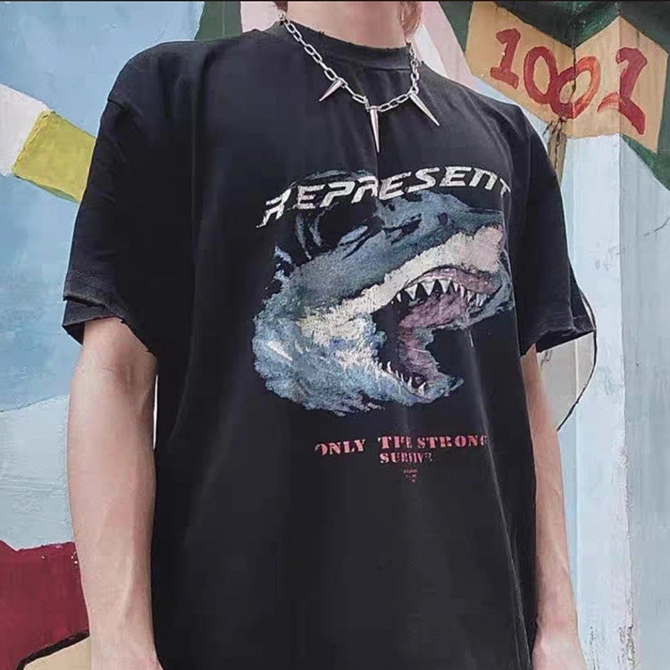 Present Letter Print T Shirt Shark Vintage Print Washed Half-Sleeved Loose Crew Neck Casual Couple Short Sleeve T-shirt