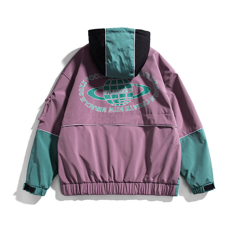 Spring plus Size Retro Sports Creative Couple Stitching Contrast Color Hooded Jacket Jacket Men's Jacket Neutral Men Jacket