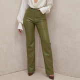 Faux Leather Pants Autumn and Winter Pu Hip Fleece Straight-Leg Pants with Pockets Leather Pants