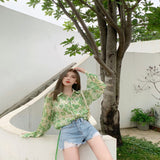 Green Fairycore Dress Spring/Summer Design Blouse Minority All-Match Floral Artistic Style Shirt for Women