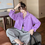 Pearl Jean Jacket Purple Top for Women Autumn Loose Denim Jacket for Women