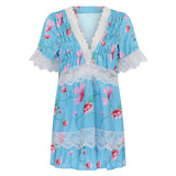 Russian Style Dress V-neck Printed Lace Stitching Lace Cool Dress