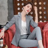 Women Pants Suit Uniform Designs Formal Style Office Lady Bussiness Attire Plaid Casual Spring and Autumn Slim-Fit Suit Jacket