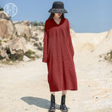 Red Peasant Dress Winter Artistic Casual Loose Knitted Dress V-neck Solid Color Stitching Mid-Length Dress