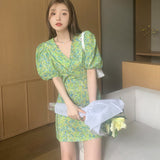Green Fairycore Dress French Style Retro Anti-Aging Floral Dress Women's Skirt