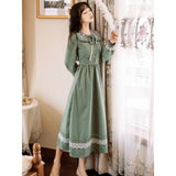 Green Fairycore Dress Autumn and Winter Artistic Retro Style Embroidered Mid-Length Long Sleeve Large Skirt