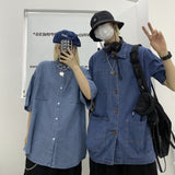 Harajuku Clothing Men's Casual Shirts Summer Workwear Denim Short-Sleeved Shirt for Men