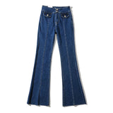100 Cotton Jeans Women Autumn High Waist Two Buttons Middle Seam Stitching Edging Bootleg Pants