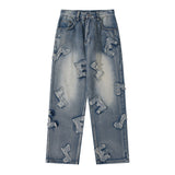 Men Fall Outfits Hip Hop High Street Distressed Letters Washed Denim Trousers