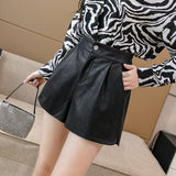 Leather Shorts Autumn and Winter Elastic Waist PU Leather Pants High Waist A- line Wide Leg Pants Casual Pants