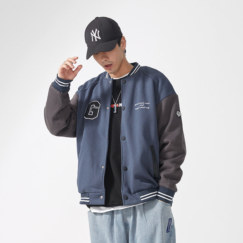 Men's Spring Color Matching Printed Jacket Men's Large Size Sports Retro Loose Jacket Casual Fashion Baseball Uniform Men Coat