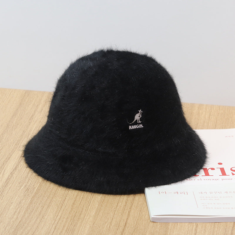 LL Cool J Hat Autumn and Winter Female Rabbit Fur Solid Color Fisherman Hat Kangaroo Embroidered Warm Bucket Hat