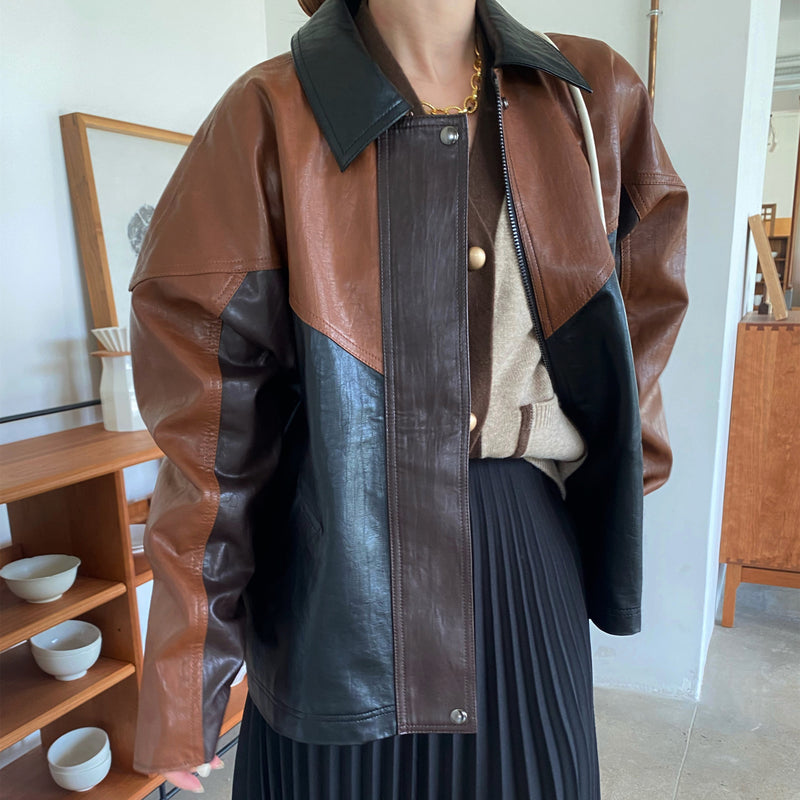 Two Tone Leather Jacket Autumn and Winter Cargo Pants Casual Contrast Color Suit Collar Stitching Leather Coat