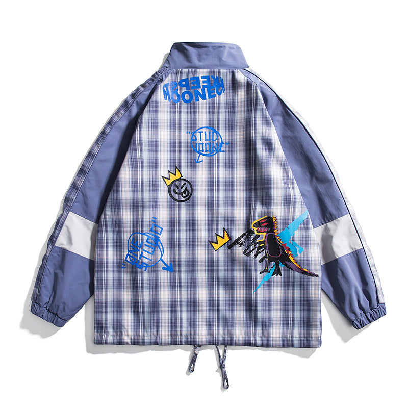 Spring plus Size Retro Sports Plaid Stitching Stand-up Collar Jacket Male Neutral Couple Student Coat Men Jacket