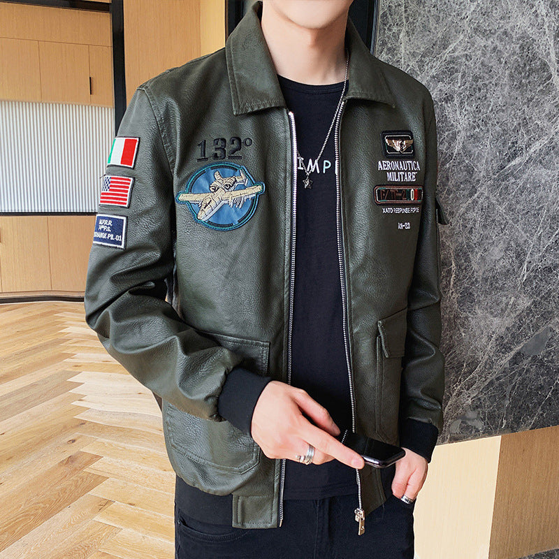 Hand Painted Leather Jackets Men's Leather Slim Fit Autumn and Winter Motorcycle Clothing Embroidered Flight Suit