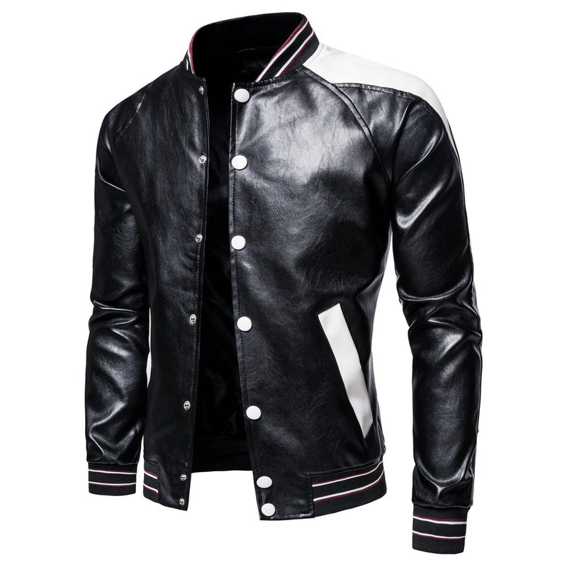 Men's Fall plus Size Men's Stand Collar Color Matching Motorcycle Leather Jacket Pu Leather Jacket Coat Men Winter Outfit Casual Fashion