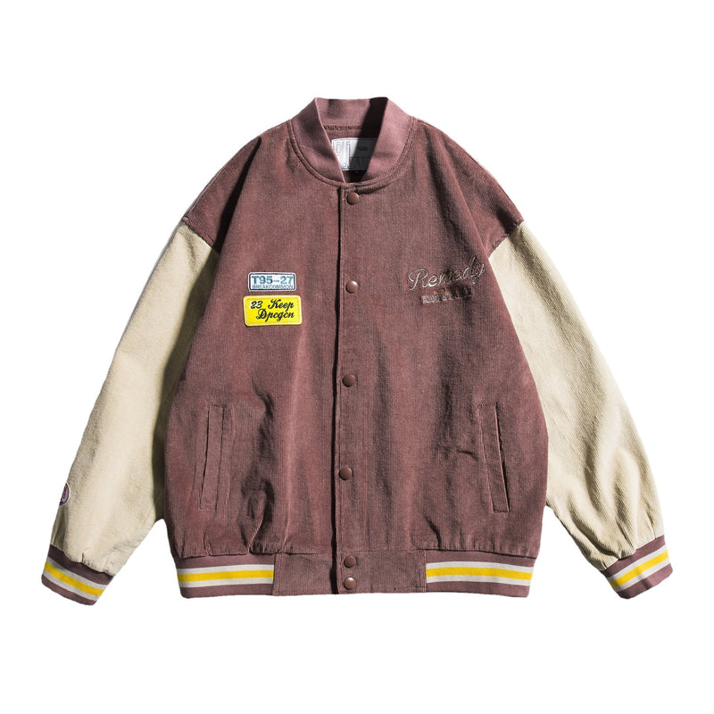 Varsity Jacket for Men Baseball Jackets Men Retro Street Trendy Patchwork Contrast Color Corduroy Embroidered Baseball Uniform Coat