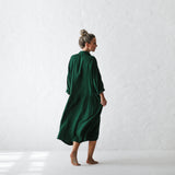 Green Fairycore Dress Idle Style Cotton and Linen plus Size Casual Polo Collar Solid Color Shirt Dress for Women