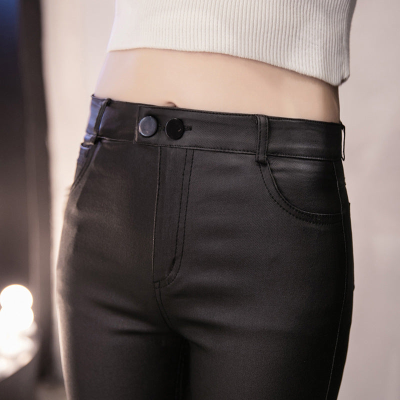 Black Leather Pants Matt Black Close-Fitting Fleece Leggings Women's Winter High Waist Slimming Skinny Pants