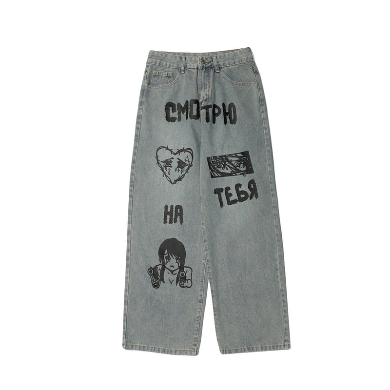Cartoon Jeans Men's plus Size Retro Sports Trousers Casual Trousers Men Jeans