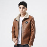 80's Leather Jacket Men's Leather Coat Winter Fleece-Lined Thick Fur Collar Cardigan Jacket Warm Coat