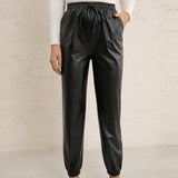 Leather Leggings Loose Casual Biker Leather Trousers Elastic Waist PU Leather Ankle-Tied Leather Pants