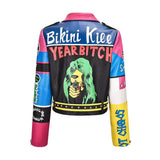 Graffiti PU Leather Jacket Heavy Industry Rivets Fashion Winter Punk Pu Jacket Short Slim-Fitting Biker Leather Coat