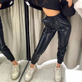 Black Leather Pants Matte Ankle-Tied Pu Overalls Women's Drawstring Retro Autumn and Winter Leather Pants