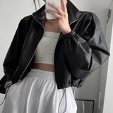 Urban Leather Jacket Polo Collar Drawstring Adjustable Leather Coat Short Long Sleeve Zip Cardigan Tops Women