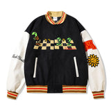 Mens Fall Outfits Hip Hop Retro Cartoon Flocking Baseball Uniform Jacket Loose PU Leather Stitching Jacket