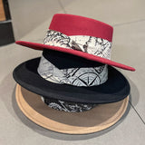 Cam Newton Hats British Woolen Flat Top Hat Women's Autumn and Winter Pattern Ribbon Retro Fedora Hat