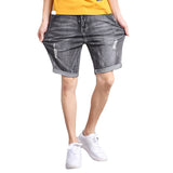 Mens Jean Shorts Summer Denim Shorts Men's Elastic Five-Point Pants Tether Loose Waist Trimming Pants