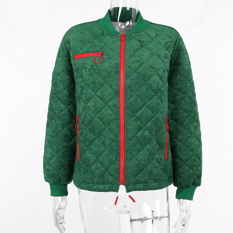 Cheerleader Letterman Jacket Round Neck Rhombus Loose Zip Baseball Uniform