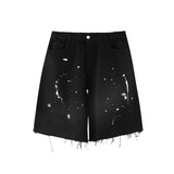 Men Jean Shorts Printed Raw Edge Denim Shorts Men's Loose Straight Shorts Summer Bermuda Shorts