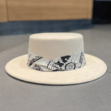 Cam Newton Hats British Woolen Flat Top Hat Women's Autumn and Winter Pattern Ribbon Retro Fedora Hat