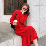 Red Peasant Dress Autumn Ruffled Fishtail Dress Women's Loose round Neck Retro Twist Texture Overknee Dress
