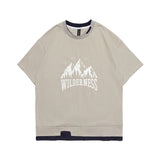 Men T Shirt Summer Casual Tops Men's Clothes Summer Wear Retro Men's round Neck Short Sleeve Casual Snow Mountain Fake Two-Piece T-shirt Fashion