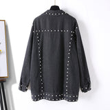Pearl Jean Jacket Loose Black Beaded Denim Coat Sweatshirt Women