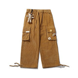 Mens Fall Outfits Corduroy Overalls Loose Straight Drawstring Ankle-Tied Wide-Leg Pants