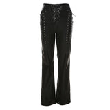 Faux Leather Pants Summer High Waist Hollow out Strap Straight Ankle Tied Slim Fit Figure Flattering Leather Pants
