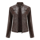 Hot Pink Motorcycle Jacket Women Casual Leather Clothing Stand-up Collar Jacket
