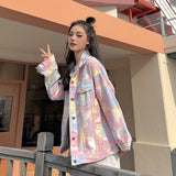 80's Colorful Leather Jacket Colorful Tie-Dyed Fried Street Denim Jacket for Women Spring and Autumn