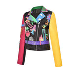Graffiti PU Leather Jacket Graffiti Printing Heavy Industry Rivets Jacket Pu Coat for Women