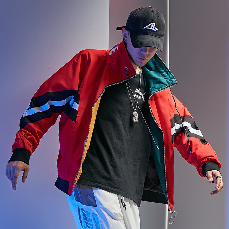 80's Colorful Leather Jacket Men's Jacket Spring and Autumn Turn-down Collar Coat Top Turtleneck Couple Men's and Women's Bat Jacket