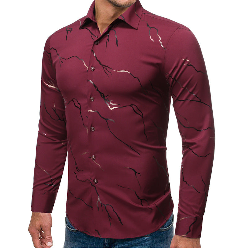 Men's Fashion Bronzing Casual Polo Collar Men's Long Sleeve Printed Shirt Fashion Stand Collar Foreign Trade Men's Shirt Men Shirt