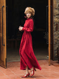 Red Peasant Dress Autumn and Winter French Retro Corduroy Long-Sleeved Red Dress Annual Meeting Formal Dress