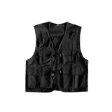 Men Utility Vest Work Zipper Tactical Work Vest Slim Pocket Jacket Tactical Vest Hip-Hop Fashion Vest Coat