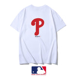 MLB T Shirt Men's and Women's Embroidered NY Rear Big P Letter Crew Neck Short Sleeve T-shirt