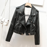 Women's Leather Jacket with Patches Belt Rivet Heavy Industry Zipper and Lapel Women's PU Leather Coat Epaulet Leather Jacket Coat